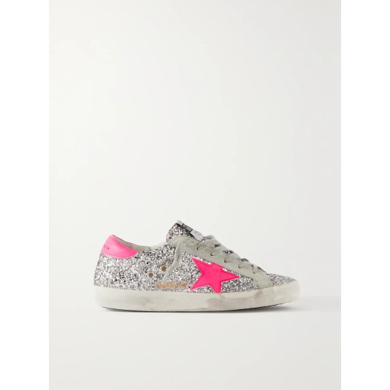 Superstar glittered distressed leather and suede sneakers