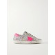 Superstar glittered distressed leather and suede sneakers