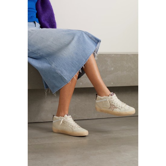 Superstar distressed shearling-lined rubber and leather sneakers