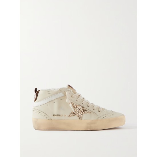 Superstar distressed shearling-lined rubber and leather sneakers
