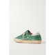 Superstar distressed suede-trimmed glittered leather sneakers