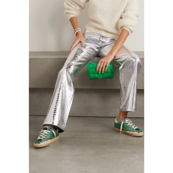 Superstar distressed suede-trimmed glittered leather sneakers