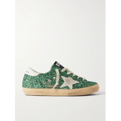 Superstar distressed suede-trimmed glittered leather sneakers