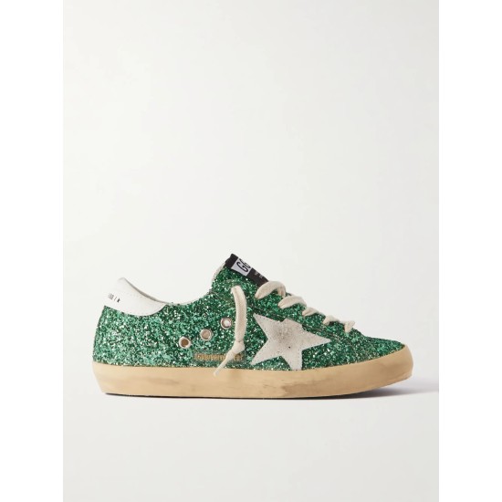 Superstar distressed suede-trimmed glittered leather sneakers