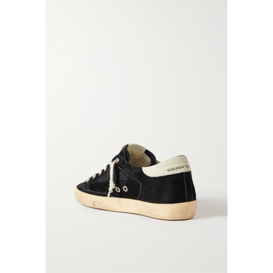 Superstar distressed leather-trimmed suede sneakers