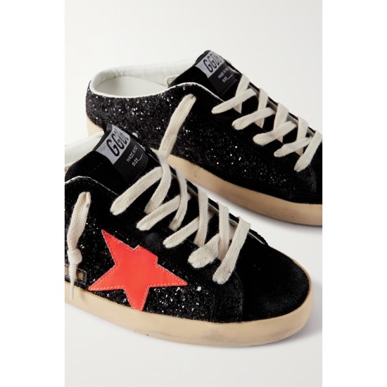 Super-Star Sabot distressed glittered leather and suede slip-on sneakers