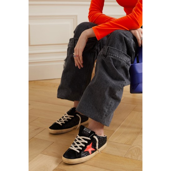 Super-Star Sabot distressed glittered leather and suede slip-on sneakers