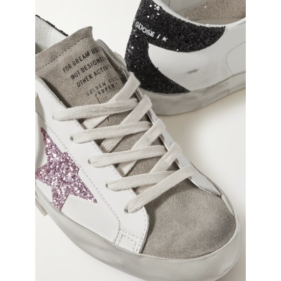 Superstar distressed glittered leather sneakers