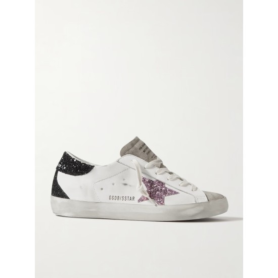 Superstar distressed glittered leather sneakers
