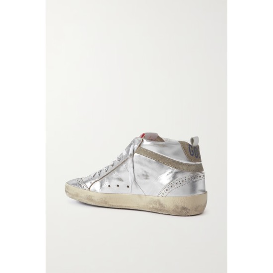 Mid Star distressed suede-trimmed metallic leather sneakers