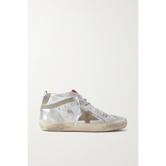 Mid Star distressed suede-trimmed metallic leather sneakers