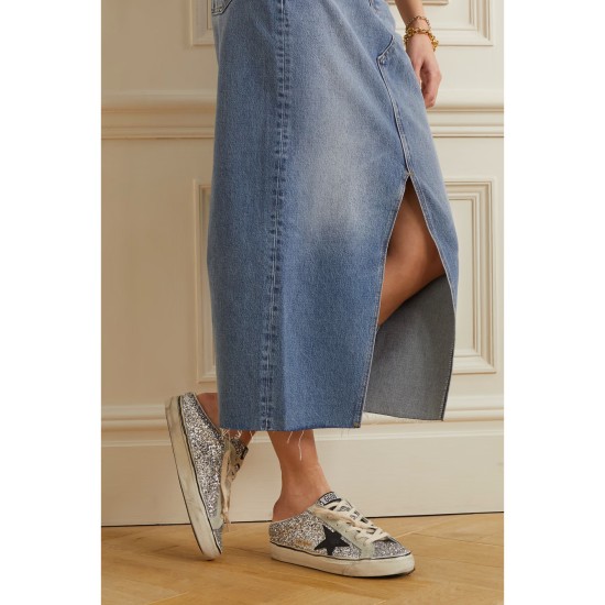 Super-Star Sabot distressed glittered leather and suede slip-on sneakers