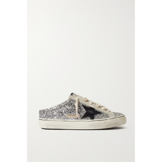 Super-Star Sabot distressed glittered leather and suede slip-on sneakers