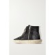 Slide distressed leather-trimmed suede high top sneakers