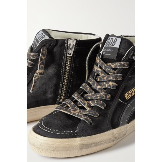 Slide distressed leather-trimmed suede high top sneakers