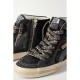 Slide distressed leather-trimmed suede high top sneakers