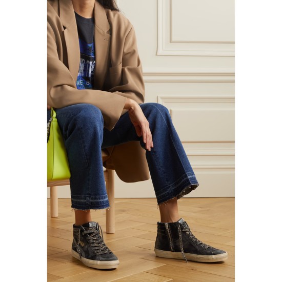 Slide distressed leather-trimmed suede high top sneakers