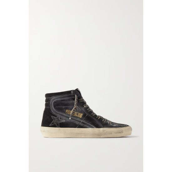 Slide distressed leather-trimmed suede high top sneakers