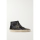 Slide distressed leather-trimmed suede high top sneakers