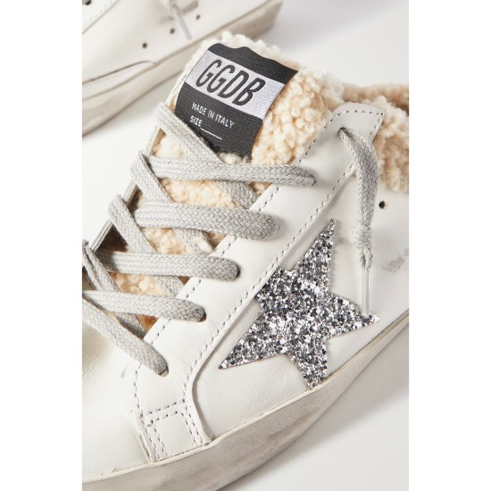Superstar Sabot shearling-lined distressed glittered leather slip-on sneakers