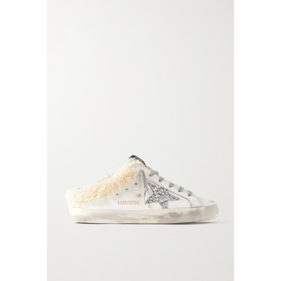 Superstar Sabot shearling-lined distressed glittered leather slip-on sneakers