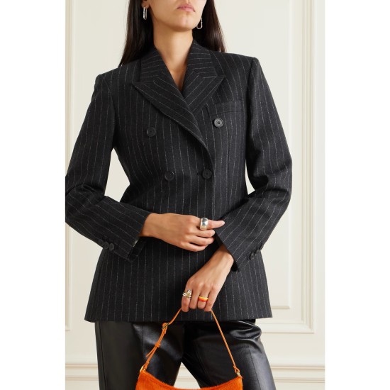 Double-breasted pinstriped wool-blend flannel blazer