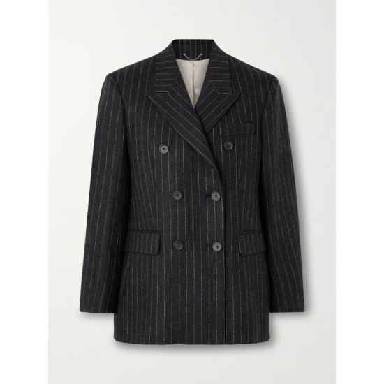 Double-breasted pinstriped wool-blend flannel blazer