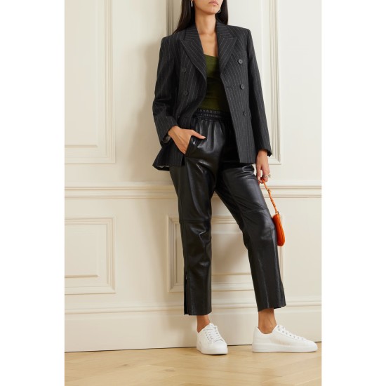 Double-breasted pinstriped wool-blend flannel blazer