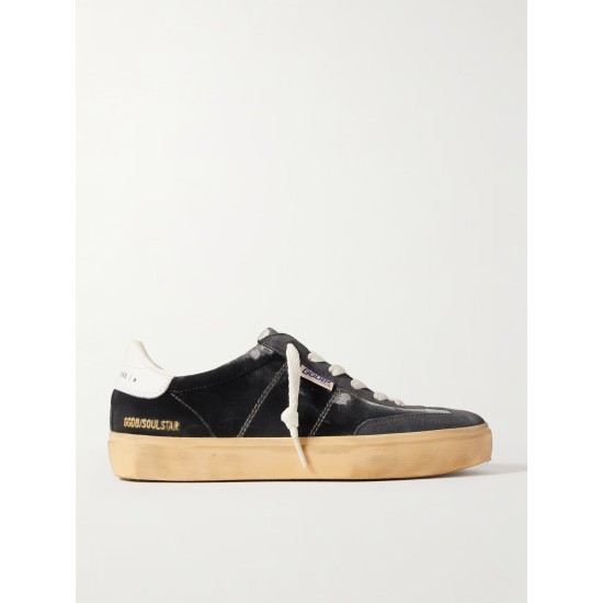 Soul-Star distressed suede and leather-trimmed velvet sneakers
