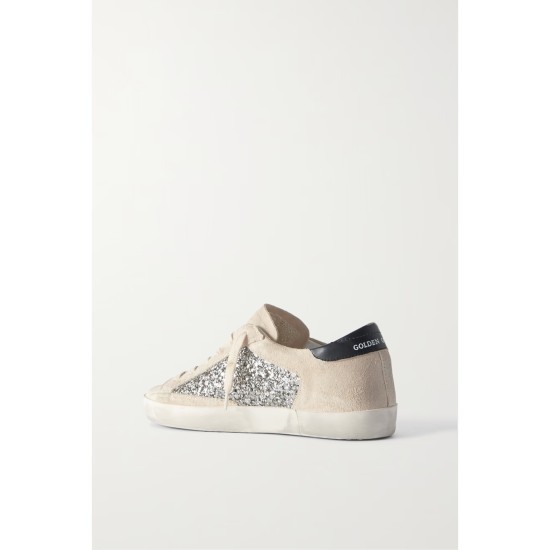 Super-Star leather-trimmed distressed glittered suede sneakers
