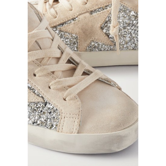 Super-Star leather-trimmed distressed glittered suede sneakers
