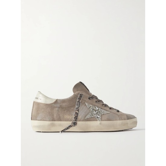 Super-Star leather-trimmed distressed glittered suede sneakers