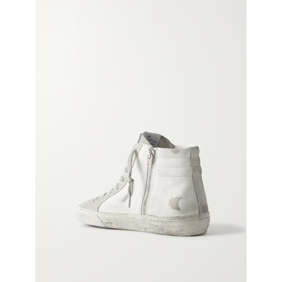 Slide distressed suede and leather high-top sneakers