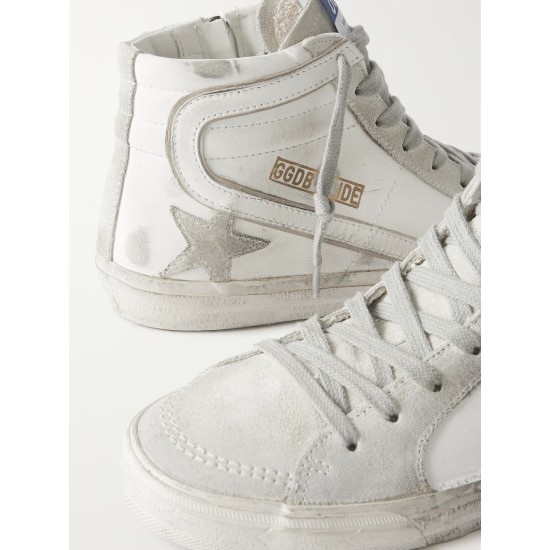 Slide distressed suede and leather high-top sneakers
