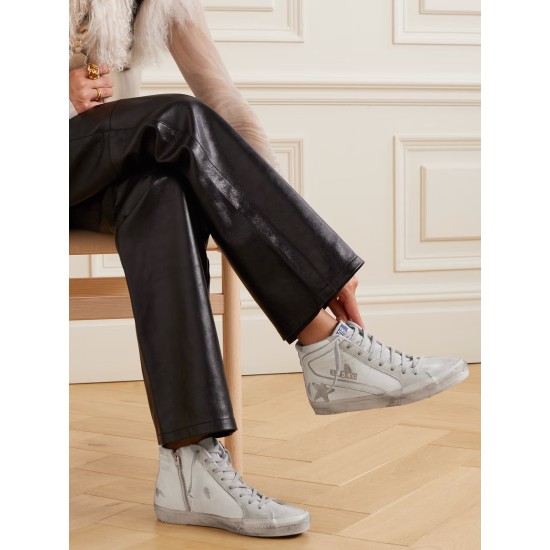 Slide distressed suede and leather high-top sneakers