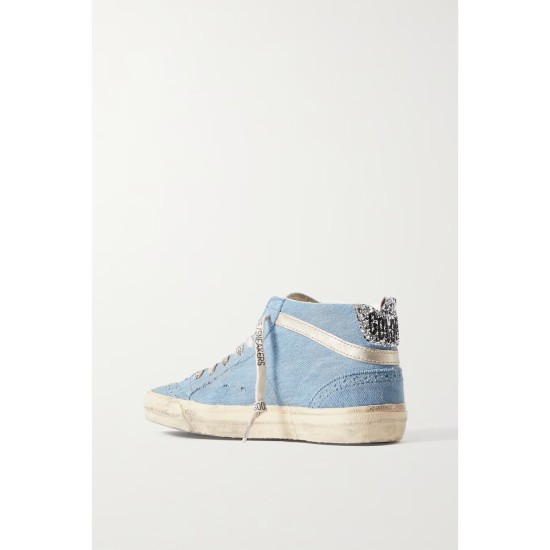 Mid Star glittered leather-trimmed distressed denim high-top sneakers