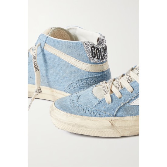 Mid Star glittered leather-trimmed distressed denim high-top sneakers