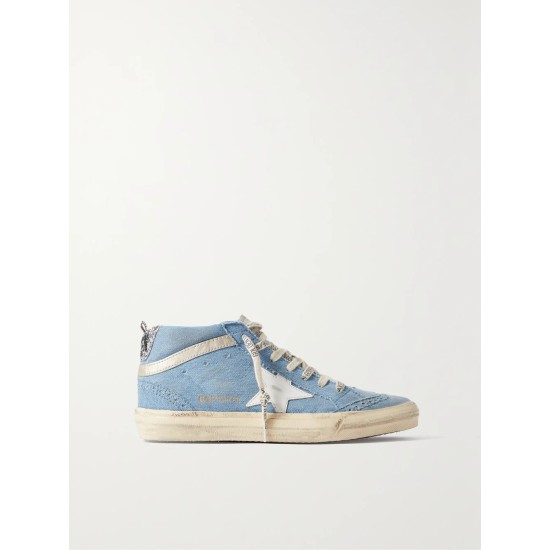 Mid Star glittered leather-trimmed distressed denim high-top sneakers