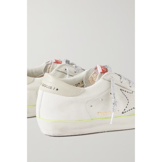 Superstar distressed embroidered textured-leather sneakers