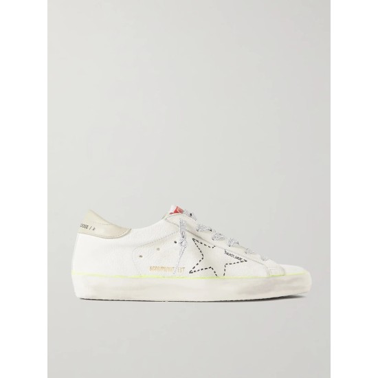 Superstar distressed embroidered textured-leather sneakers