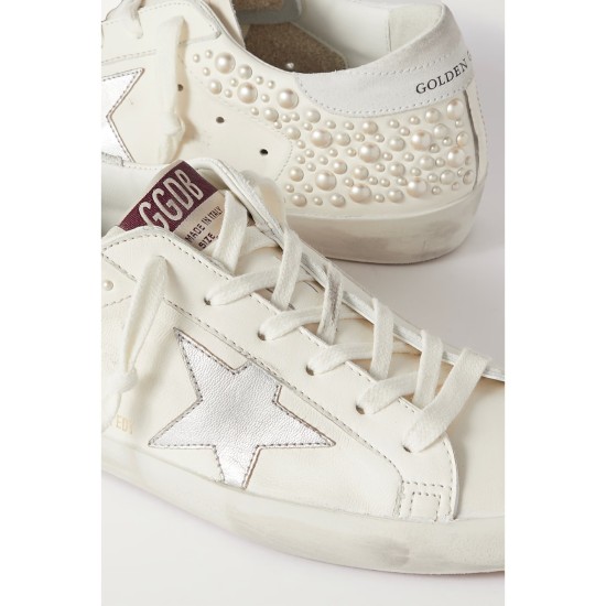 Superstar pearl-embellished distressed leather sneakers