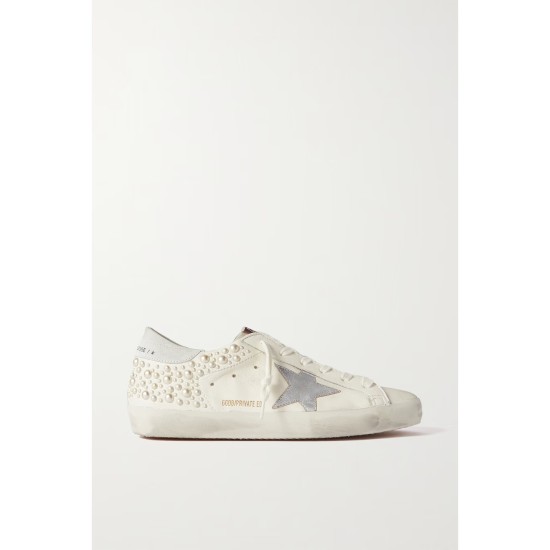 Superstar pearl-embellished distressed leather sneakers