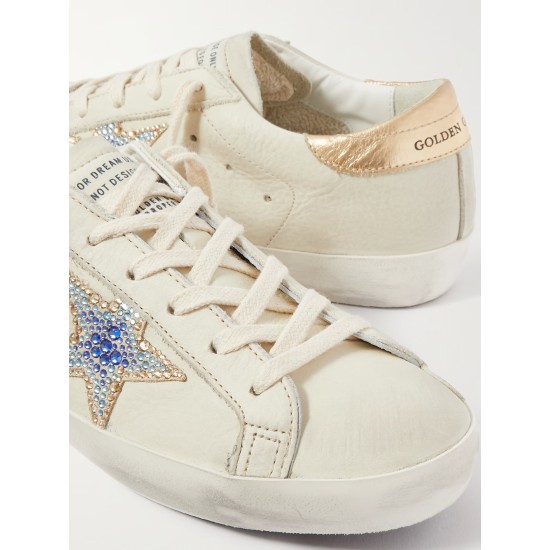 Superstar crystal-embellished distressed leather sneakers
