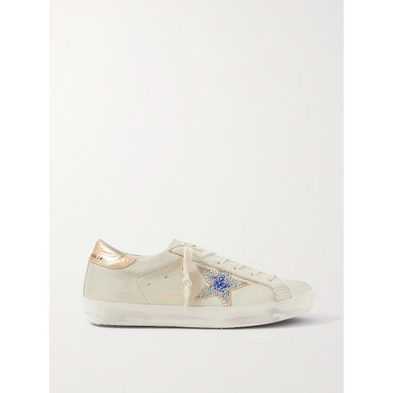 Superstar crystal-embellished distressed leather sneakers