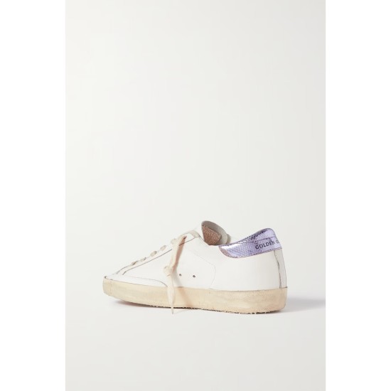 Superstar glittered distressed snake-effect trimmed leather sneakers