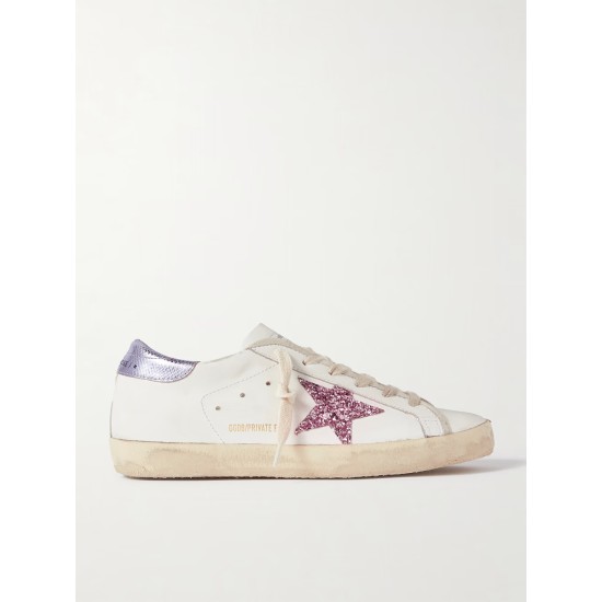 Superstar glittered distressed snake-effect trimmed leather sneakers