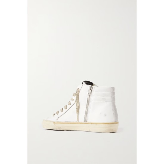 Slide distressed suede and metallic-trimmed leather high-top sneakers