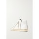 Slide distressed suede and metallic-trimmed leather high-top sneakers