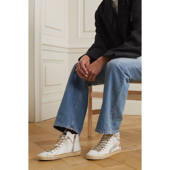 Slide distressed suede and metallic-trimmed leather high-top sneakers