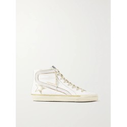Slide distressed suede and metallic-trimmed leather high-top sneakers